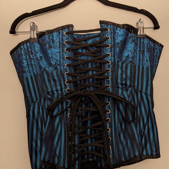 Blue Pinstripe Brocade Corset - Picture 2 of 3